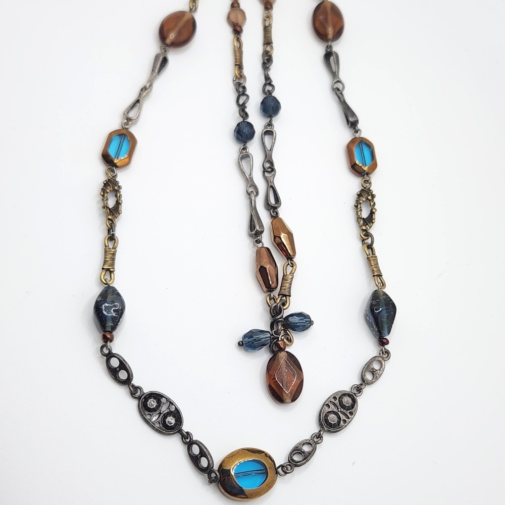 Bohemian Chicos Art Deco Revival Glass Topaz Blue Brown Double Layer‎ Necklace